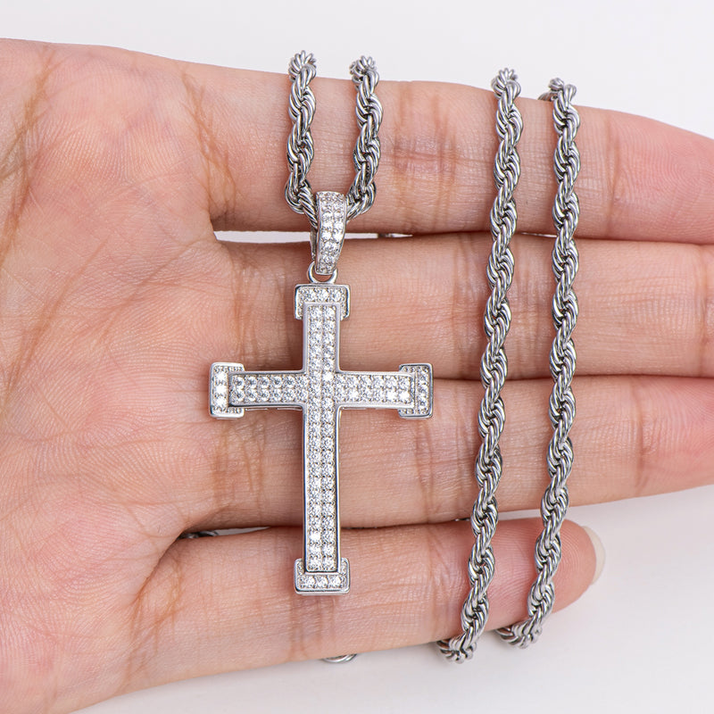 925 Sterling Silver Personalized Cross Created CZ Hip Hop Charm Pendant Necklace