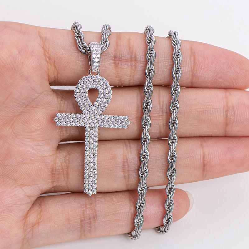 925 Sterling Silver Created Diamond Cross  Hip Hop Men Pendant Necklace