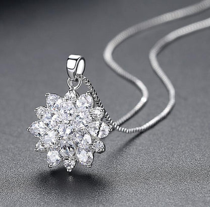 925 Sterling Silver Flower Design Created White CZ Pendant Necklace