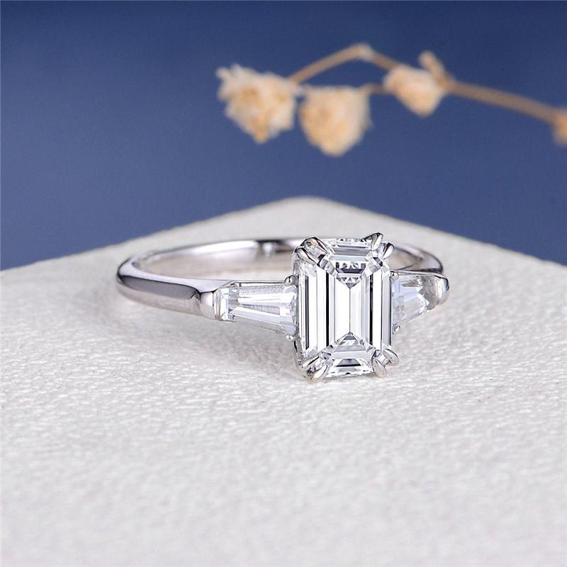 925 Sterling Silver Emerald Cut Three Stone CZ  Ring