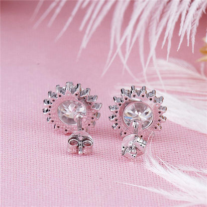 925 Sterling Silver Round Cut Cubic Zirconia Sunflower Stud Earrings