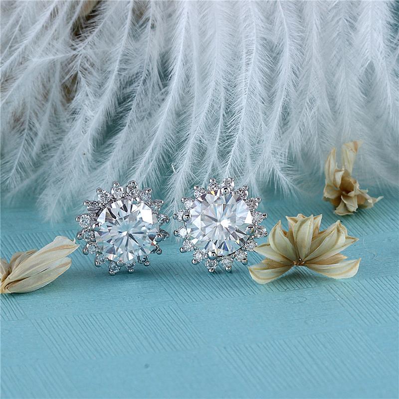 925 Sterling Silver Round Cut Cubic Zirconia Sunflower Stud Earrings