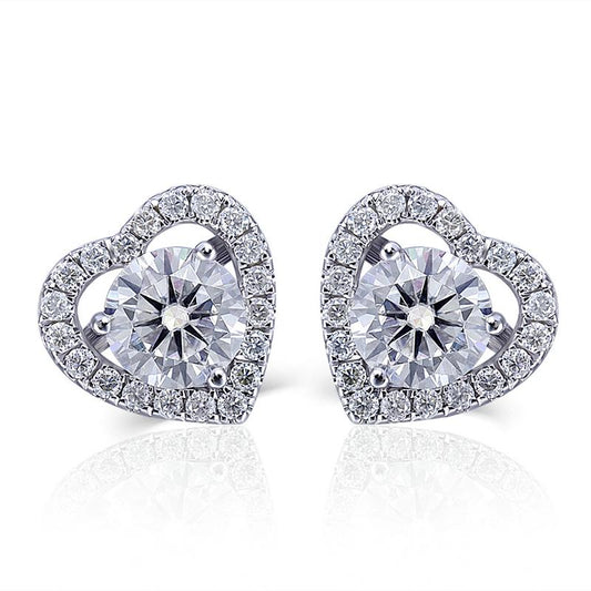 925 Sterling Silver Round Cut Cubic Zirconia Heart Shaped Halo Stud Earrings