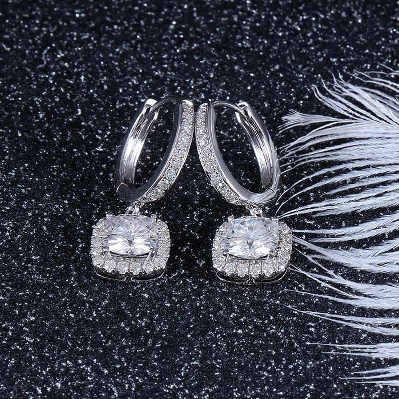 925 Sterling Silver Cushion Cut Cubic Zirconia Drop Halo Earrings