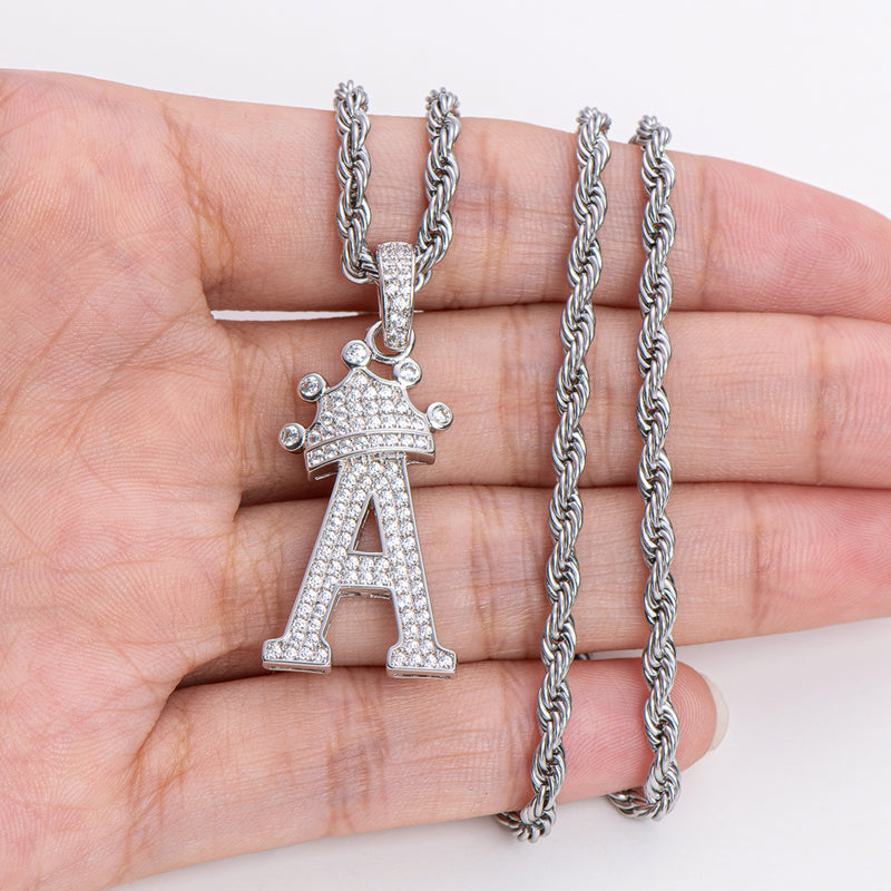 925 Sterling Silver Round Cut Created Diamond Hip Hop Micro Pave The Letter A Pendant Necklace