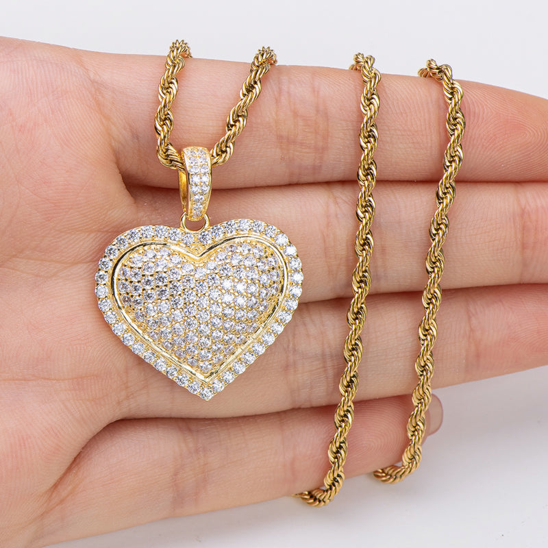 925 Sterling Silver Created Diamond Heart Shaped Hip Hop Pendant Necklace