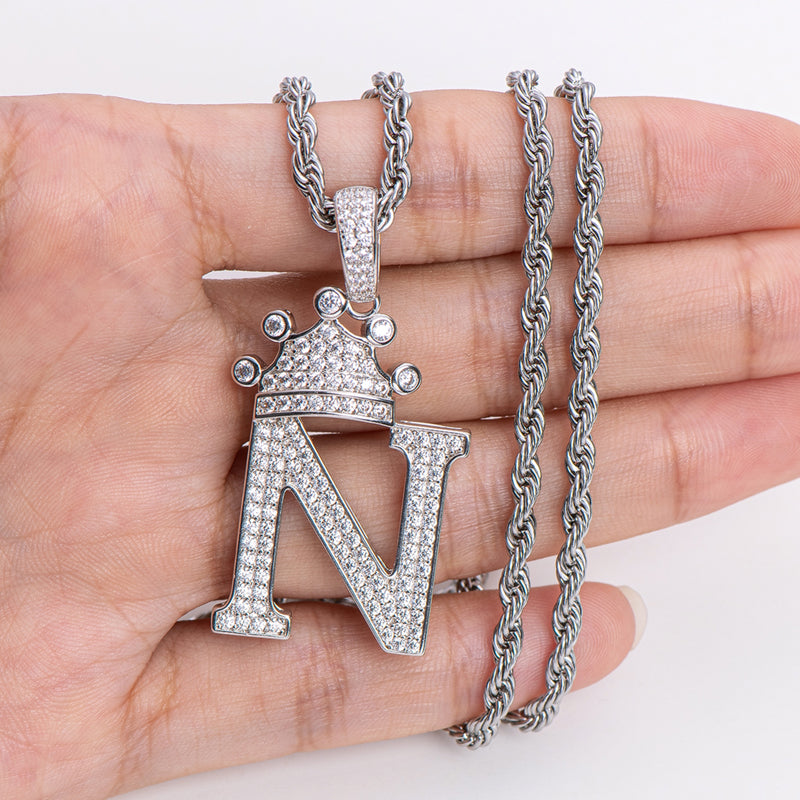 925 Sterling Silver The Letter N Created CZ Crown Hip Hop Rope Chain Pendant Necklace