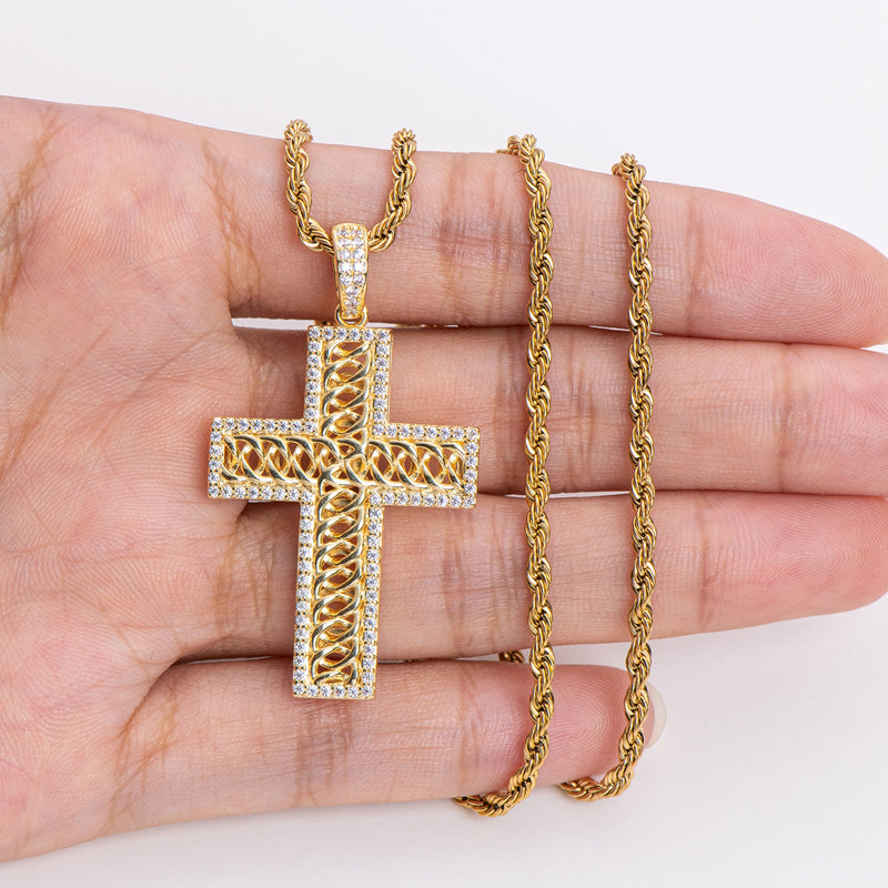 925 Sterling Silver Created Diamond Cross Hip Hop Long Chain Luxury Pendant Necklace