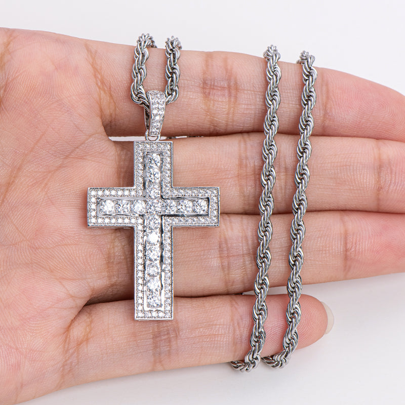 925 Sterling Silver Round Cut Created Diamond Hip Hop Charm Cross Pendant Necklace