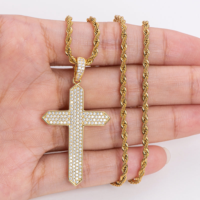 925 Sterling Silver Created CZ Cross Hip Hop Long Chain Pendant Necklace