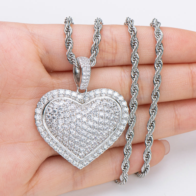 925 Sterling Silver Created CZ Heart Shaped Long Chain Hip Hop Pendant Necklace