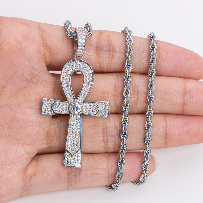 925 Sterling Silver Round Cut Created Diamond Cross Hip Hop Luxury Pendant Necklace