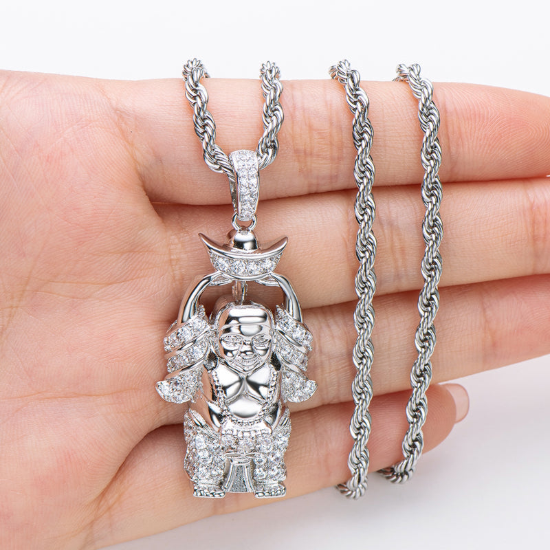 925 Sterling Silver Created Diamond Religion Buddha Statue Rope Chain Pendant Necklace