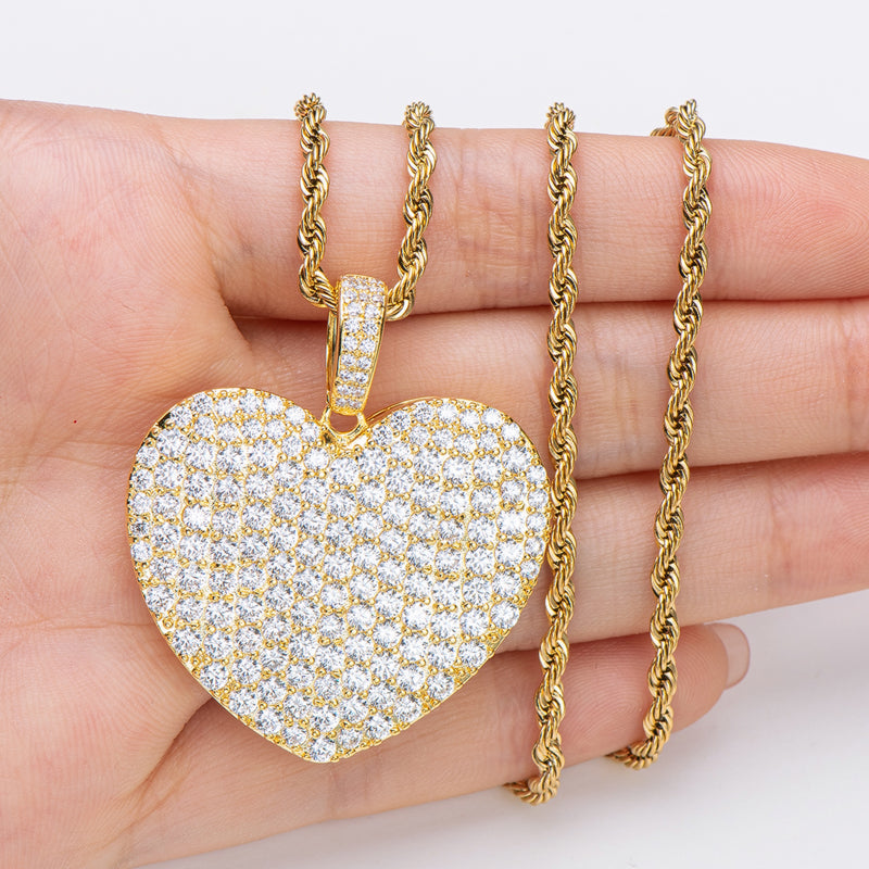 925 Sterling Silver Created Heart Shaped Rope Chain Hip Hop Pendant Necklace