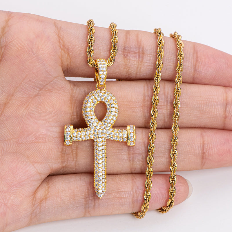 925 Sterling Silver Created Diamond Cross Hip Hop Rope Chain Pendant Necklace