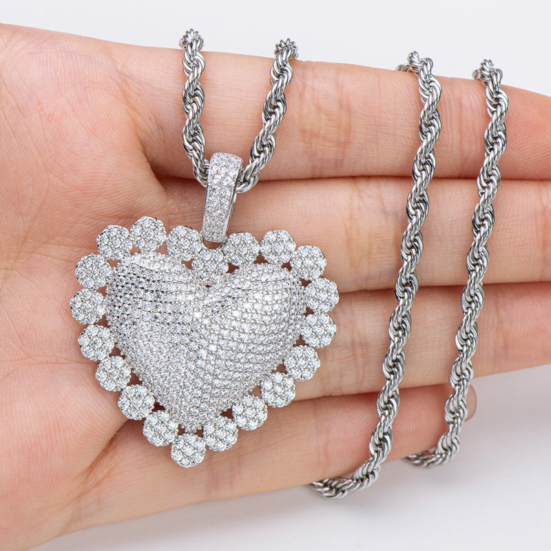 925 Sterling Silver Heart Shaped Luxury Hip Hop Created Diamond Pendant Necklace