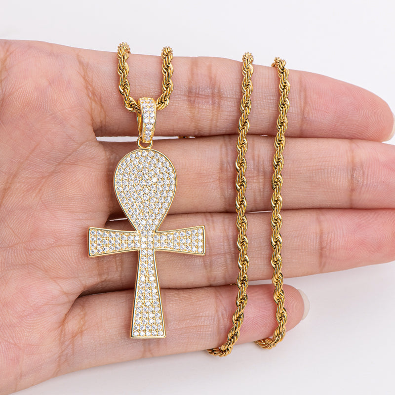 925 Sterling Silver Full Created Diamond Cross Hip Hop Men Pendant Necklace