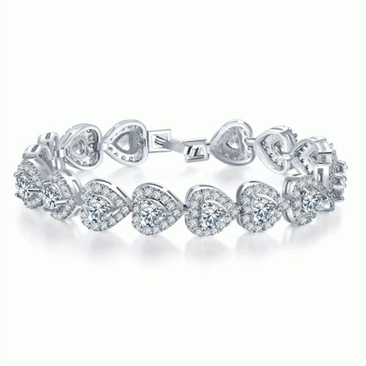 925 Sterling Silver Halo Heart Created White Diamond Bracelet