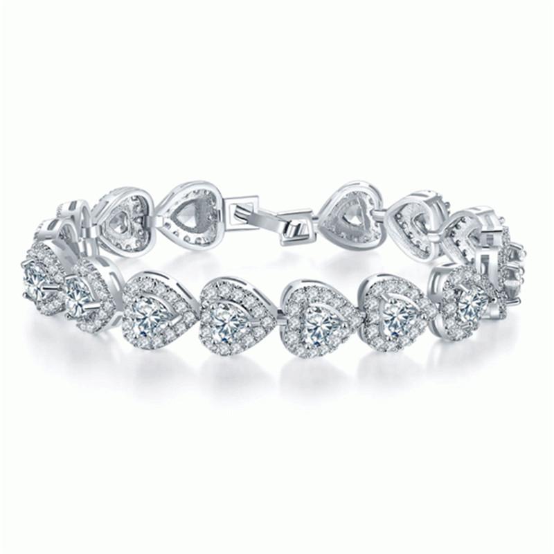 925 Sterling Silver Halo Heart Created White Diamond Bracelet