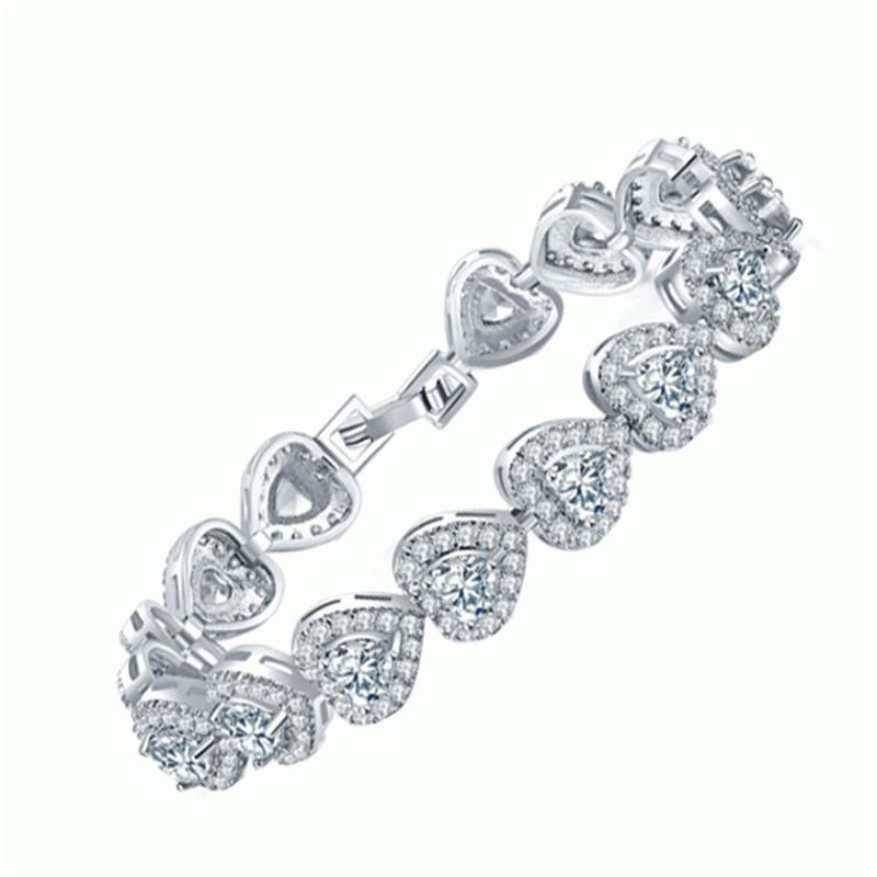 925 Sterling Silver Halo Heart Created White Diamond Bracelet