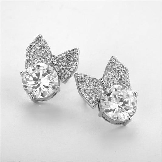 925 Sterling Silver Cute Bunny Rabbit Cubic Zirconia Round Stud Earrings