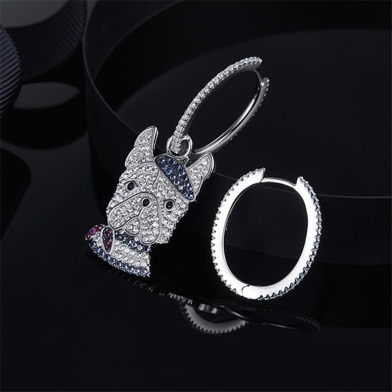 925 Sterling Silver Doggy Dog Created Diamond Asymmetric Hoop Earrings 6