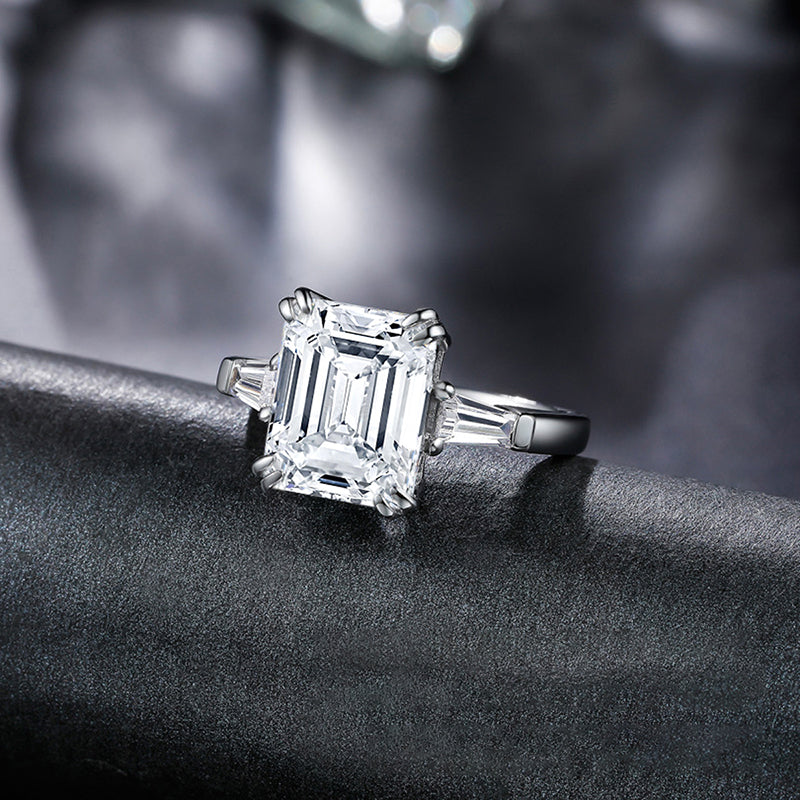 925 Sterling Silver Three Stone Emerald Cut CZ Ring