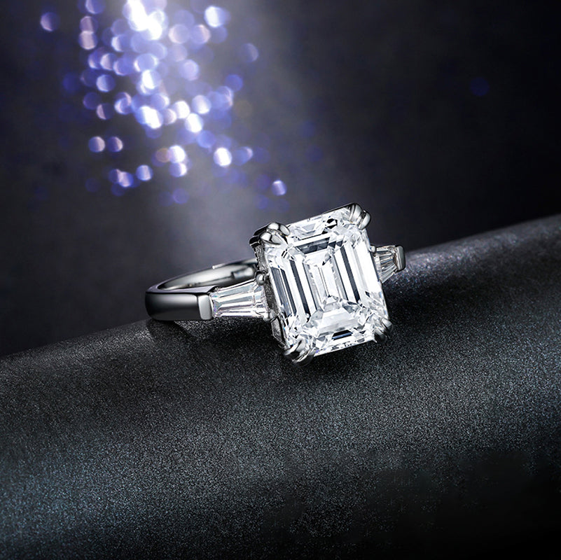 925 Sterling Silver Three Stone Emerald Cut CZ Ring