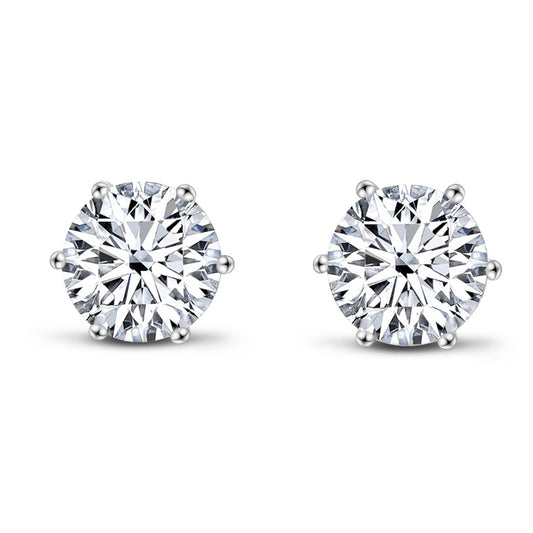 925 Sterling Silver Six Prong Round White CZ Stud Earrings