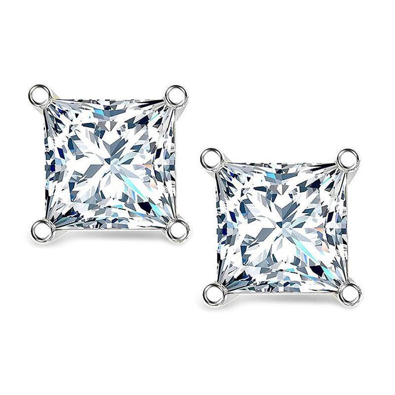 925 Sterling Silver Brilliant Princess Cut Cubic Zirconia Stud Earrings