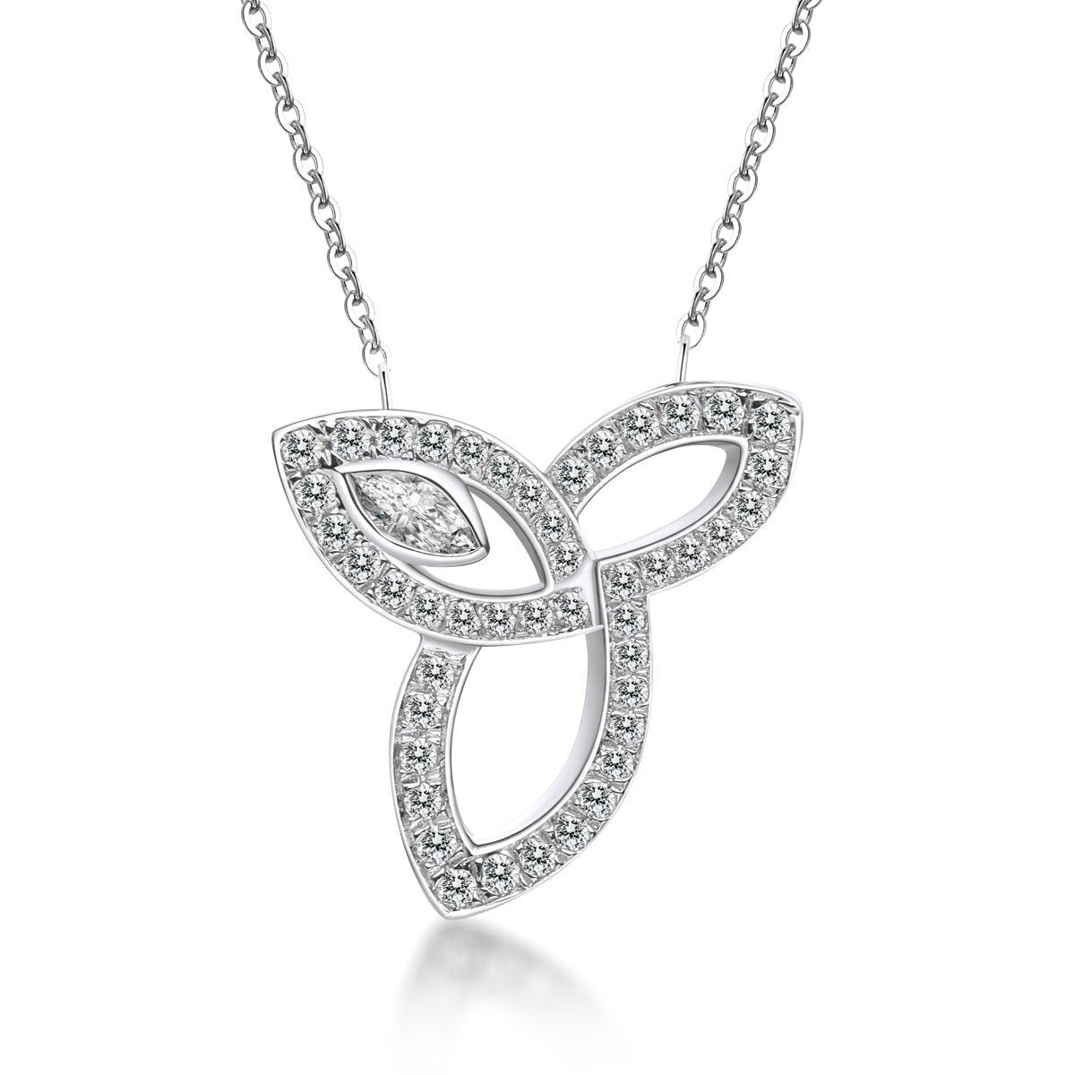 925 Sterling Silver Three Leaves White Created CZ Pendant Necklace