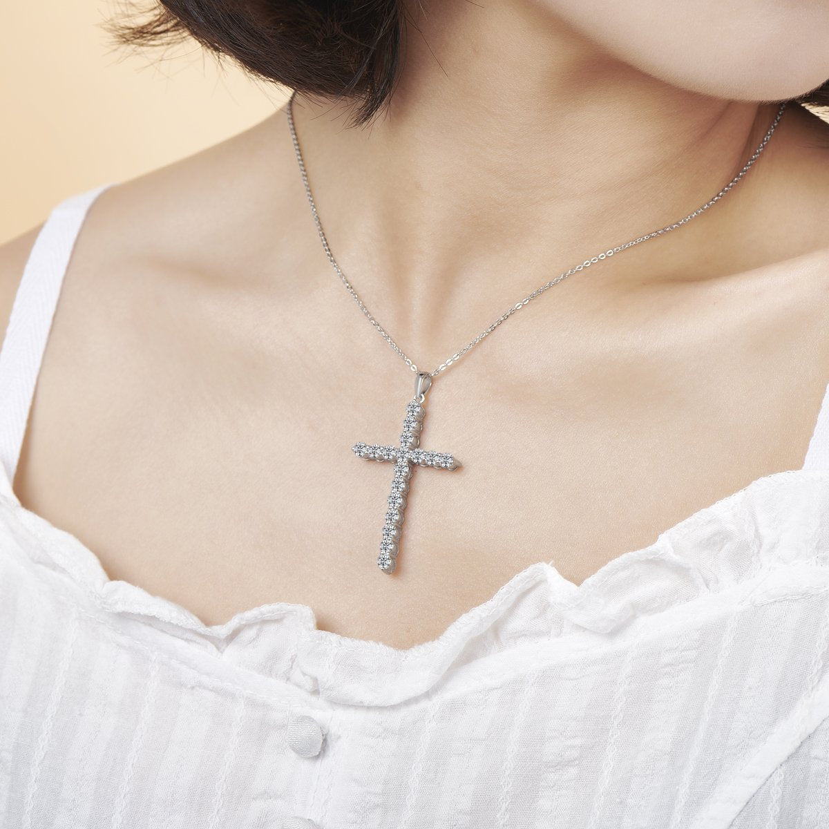 925 Sterling Silver Classic Christian Cross Created Diamond Pendant Necklace