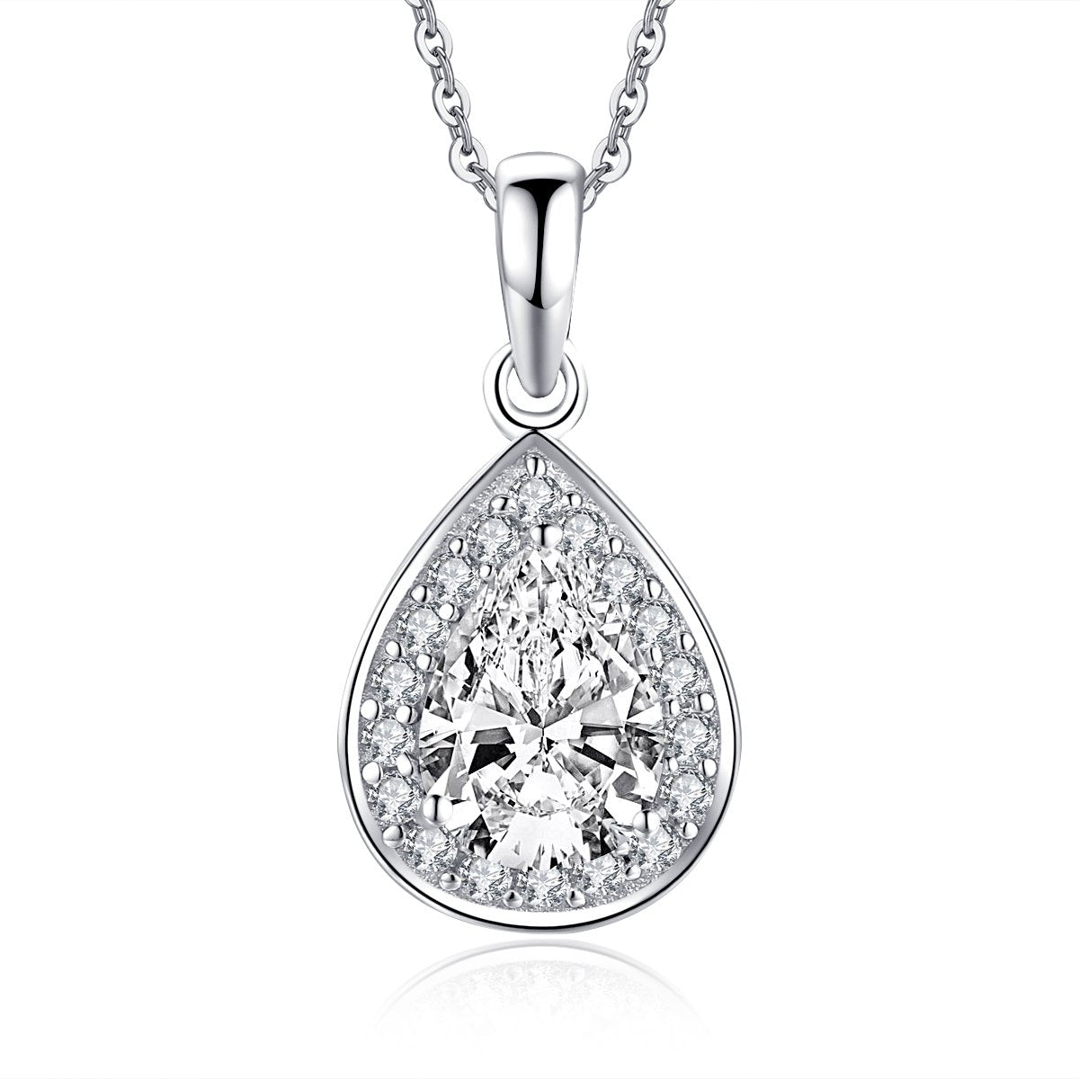 925 Sterling Silver Halo Pear Created White Diamond Pendant Necklace