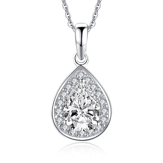 925 Sterling Silver Halo Pear Created White Diamond Pendant Necklace