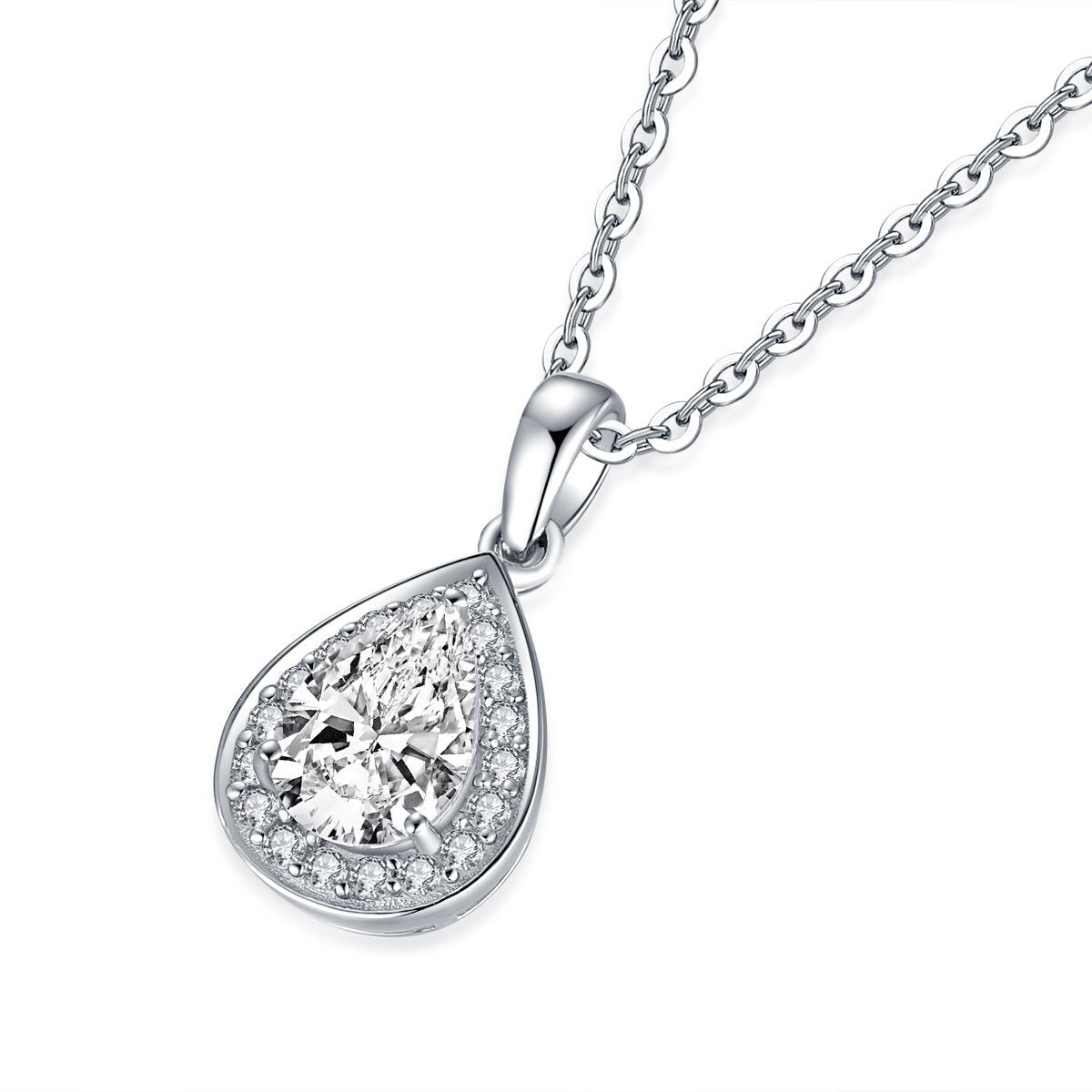 925 Sterling Silver Halo Pear Created White Diamond Pendant Necklace