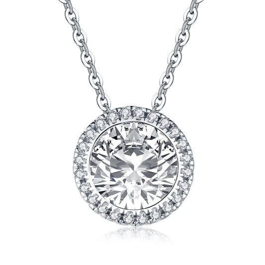 925 Sterling Silver Halo Round Created White Diamond Pendant Necklace