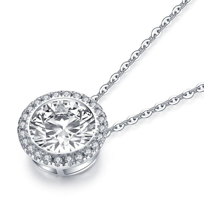 925 Sterling Silver Halo Round Created White Diamond Pendant Necklace