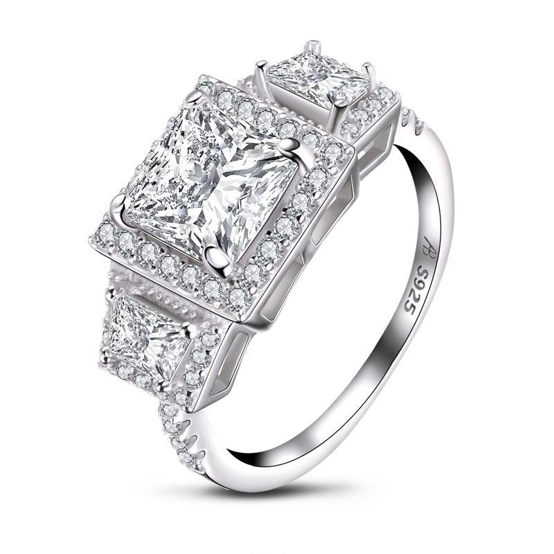 925 Sterling Silver Brilliant Princess Cut 3 Stone Ring