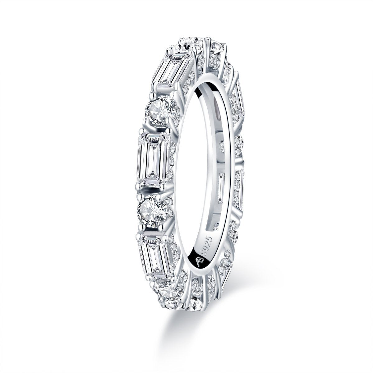 925 Sterling Silver Round & Emerald Cut CZ Full Eternity Band