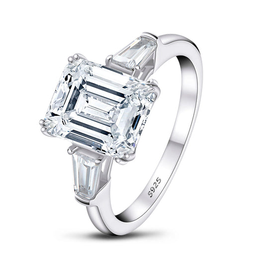 925 Sterling Silver Three Stone Emerald Cut CZ Ring