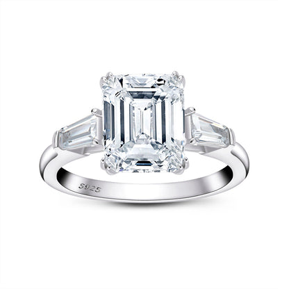 925 Sterling Silver Three Stone Emerald Cut CZ Ring