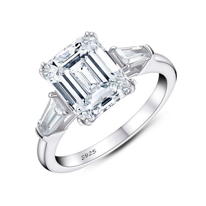 925 Sterling Silver Three Stone Emerald Cut CZ Ring