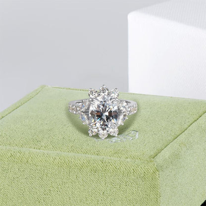 925 Sterling Silver Brilliant Flower Oval CZ Diamond Halo Ring