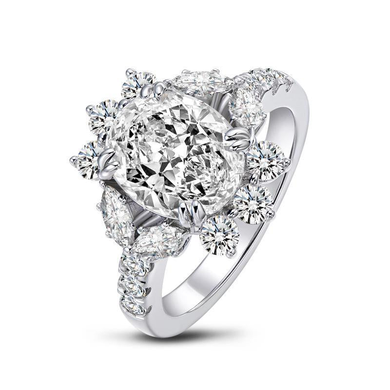 925 Sterling Silver Brilliant Flower Oval CZ Diamond Halo Ring