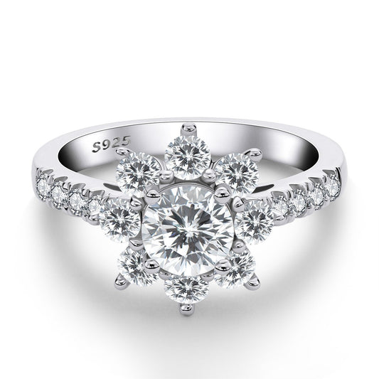 925 Sterling Silver Halo Round Cz Sunflower Ring