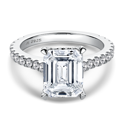 925 Sterling Silver Luxury Hidden Halo Emerald Cut CZ  Ring