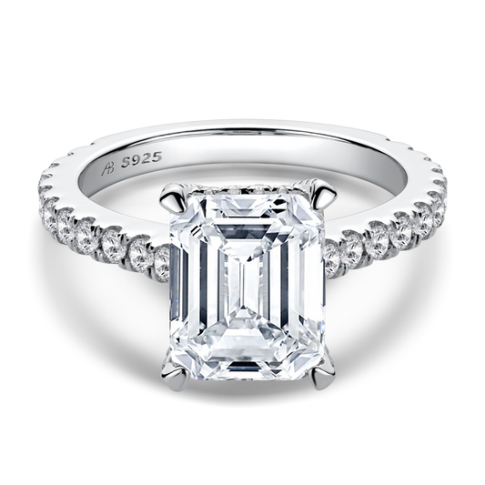 925 Sterling Silver Luxury Hidden Halo Emerald Cut CZ  Ring