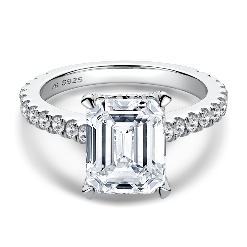 925 Sterling Silver Luxury Hidden Halo Emerald Cut CZ  Ring