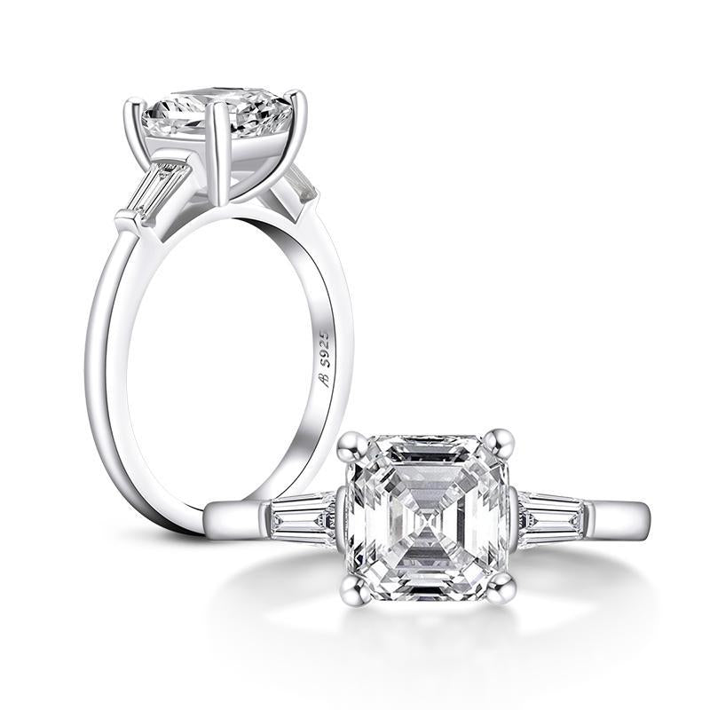 925 Sterling Silver Asscher Cut White Created Diamond Three Stone Ring