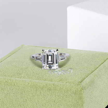 925 Sterling Silver Emerald Cut CZ Three Stone Ring